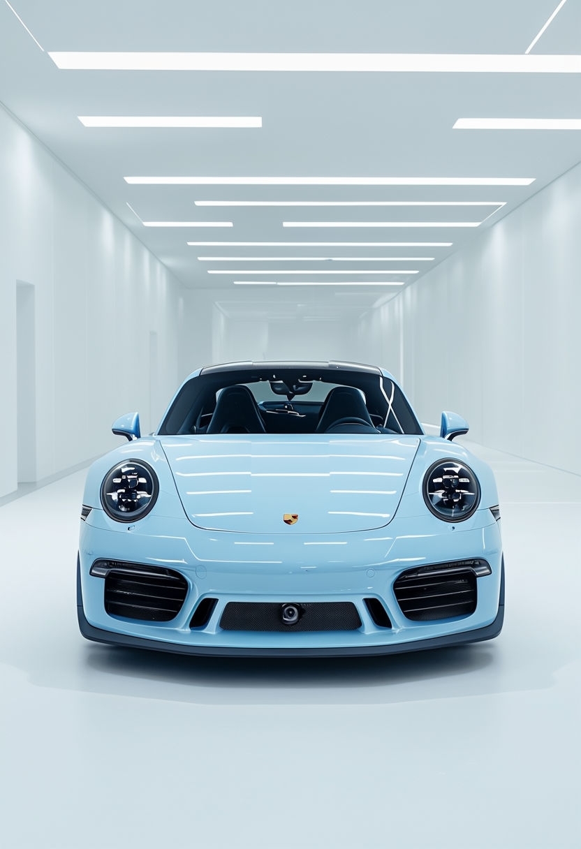 Sleek Light Blue Porsche in Minimalist Indoor Setting Poster