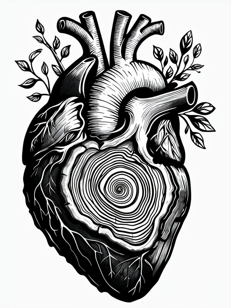 Intricate Black and White Heart Design Merging Anatomy and Nature T-shirt