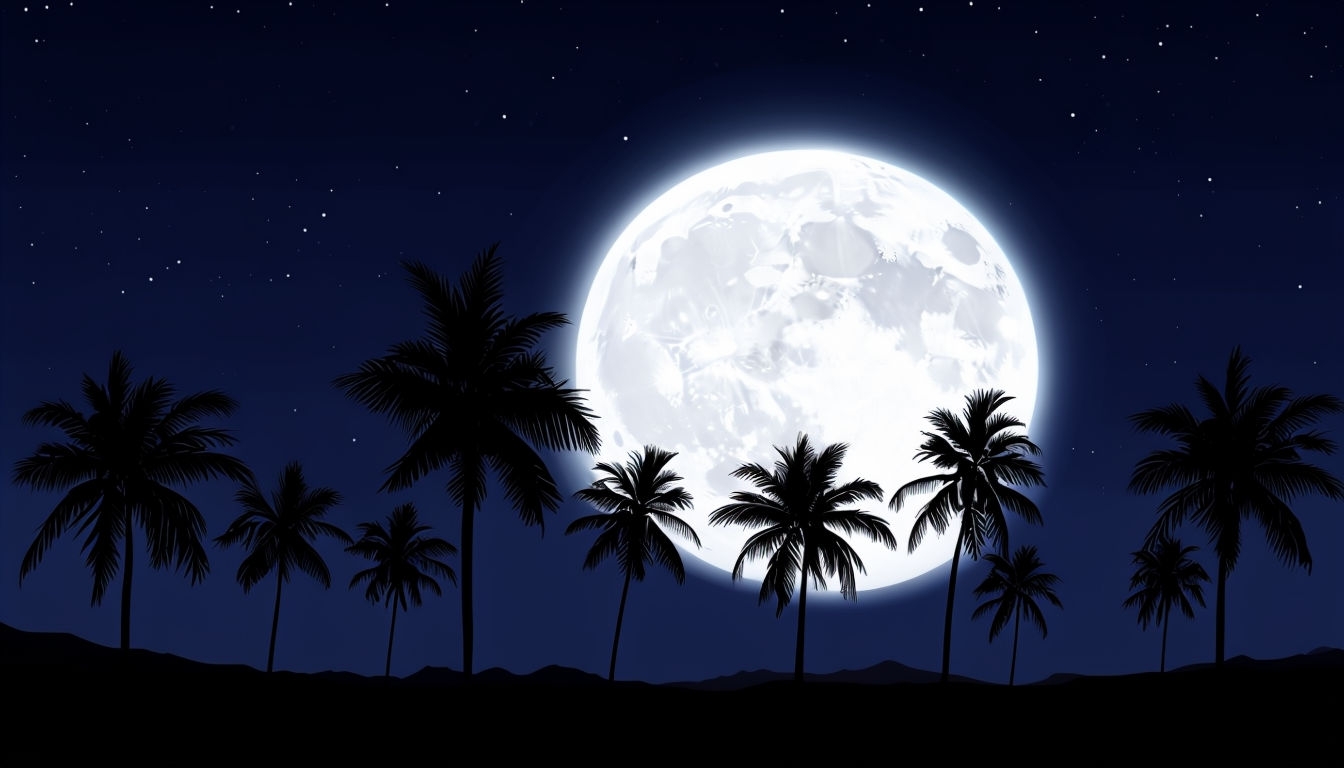 Serene Tropical Night Sky with Full Moon Silhouette Wallpaper Virtual Background