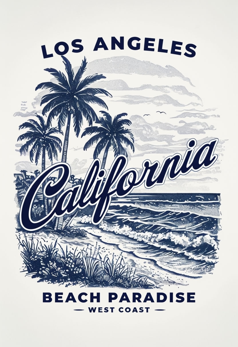 Vintage California Beach Scene Pointillism T-Shirt