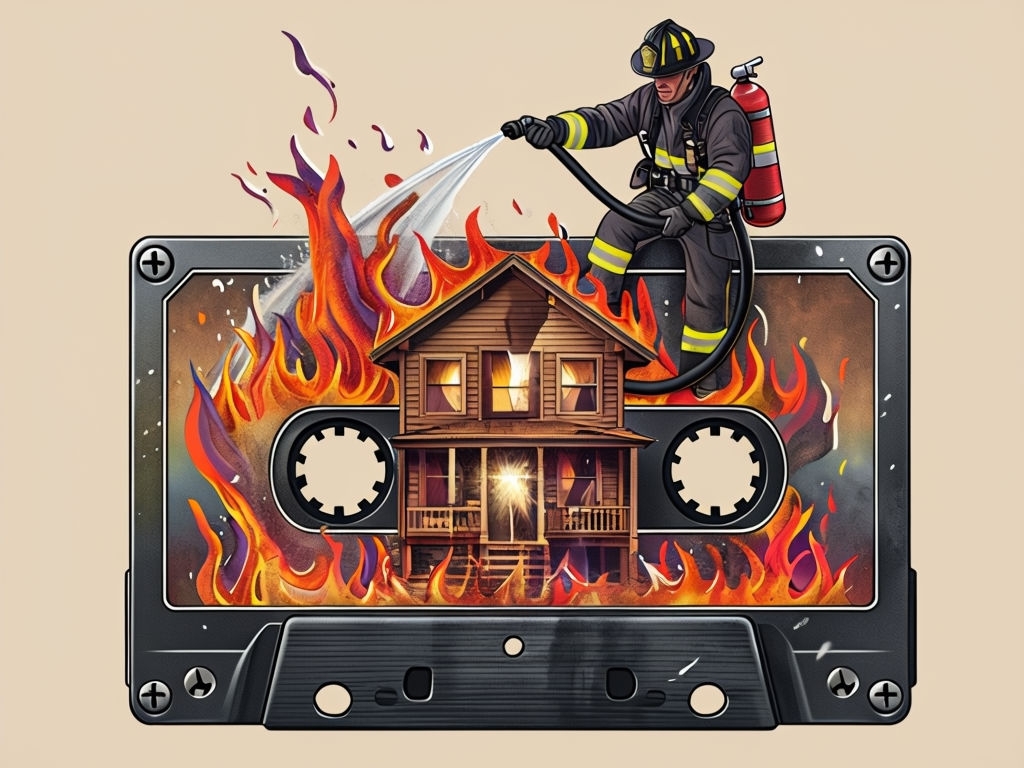 Surreal Firefighter on Flaming Cassette Tape Art T-Shirt