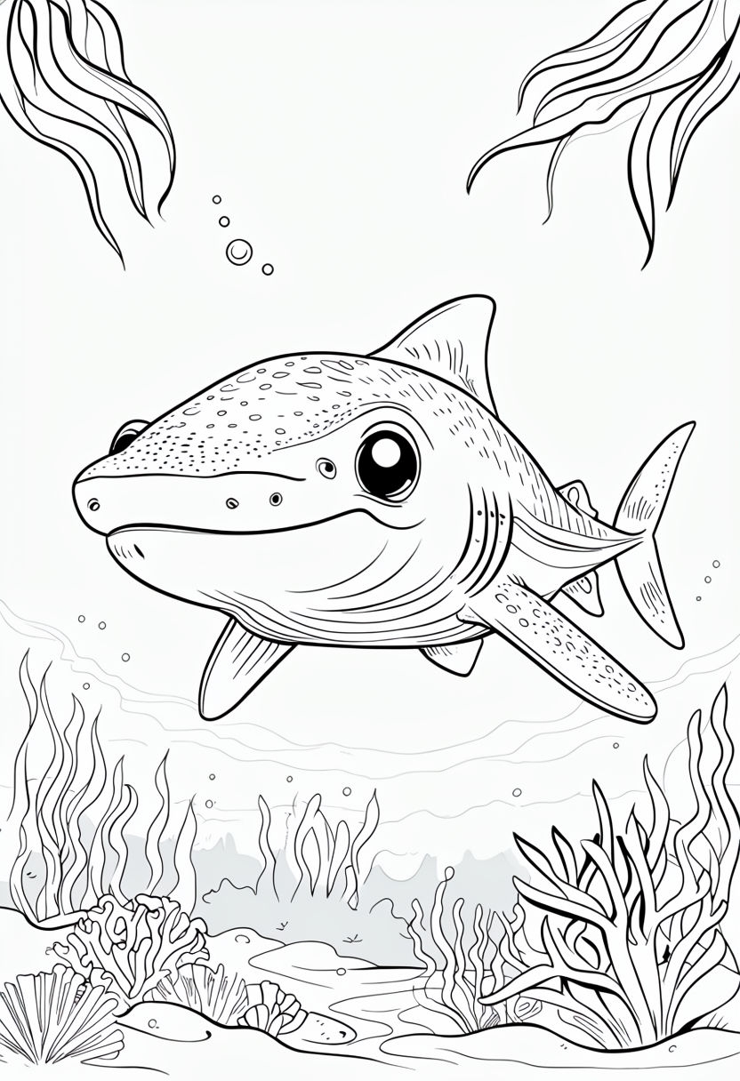 Cheerful Cartoon Whale Shark Underwater Scene Coloring Page