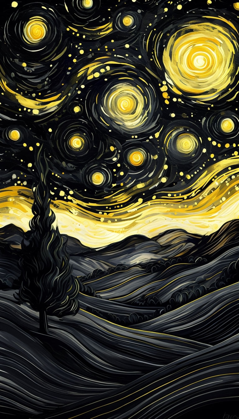 Dreamlike Starry Night Inspired Digital Illustration Mobile Wallpaper