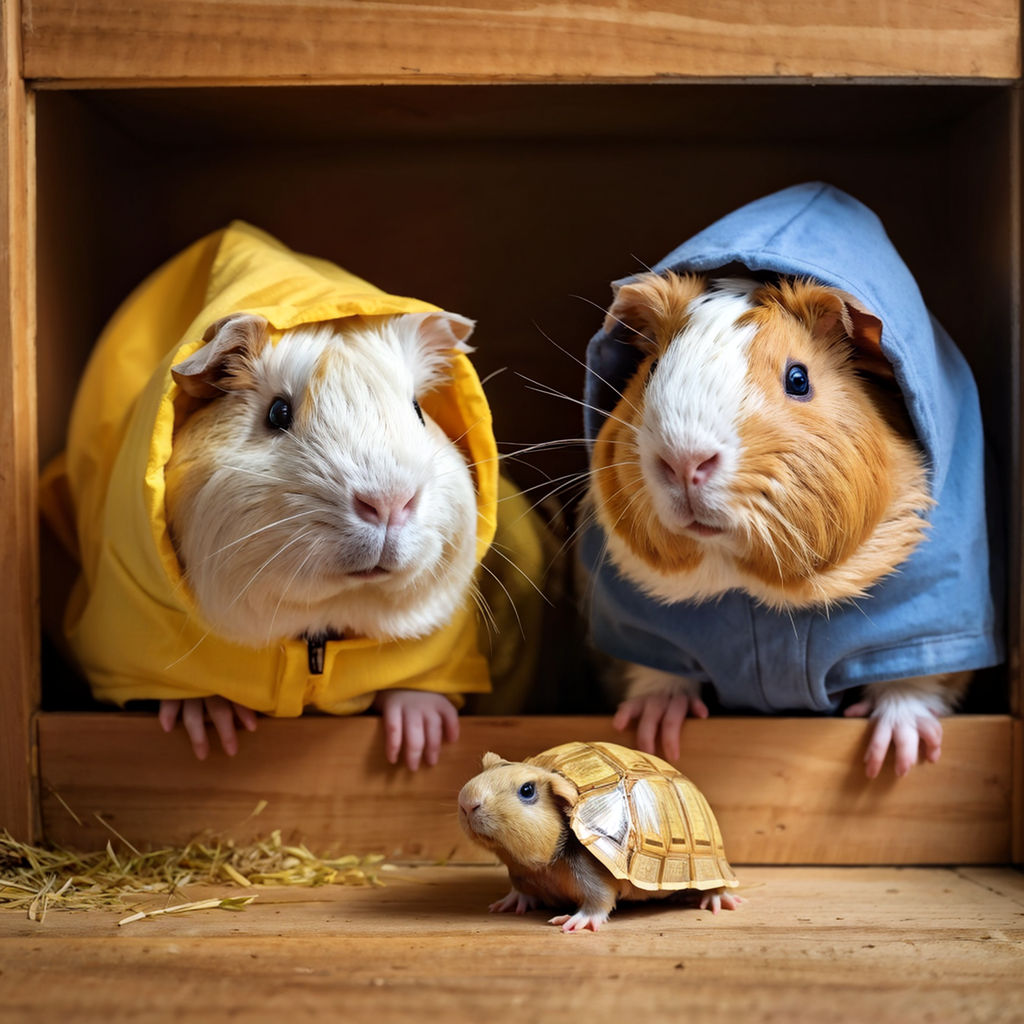 White guinea pig and a brown guinea pig wearing yellow and b... by