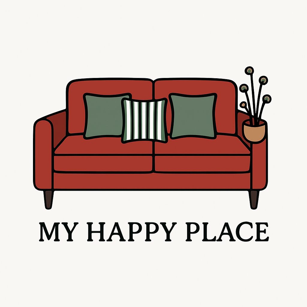 Minimalist Red Sofa with Green Cushions and My Happy Place Sticker