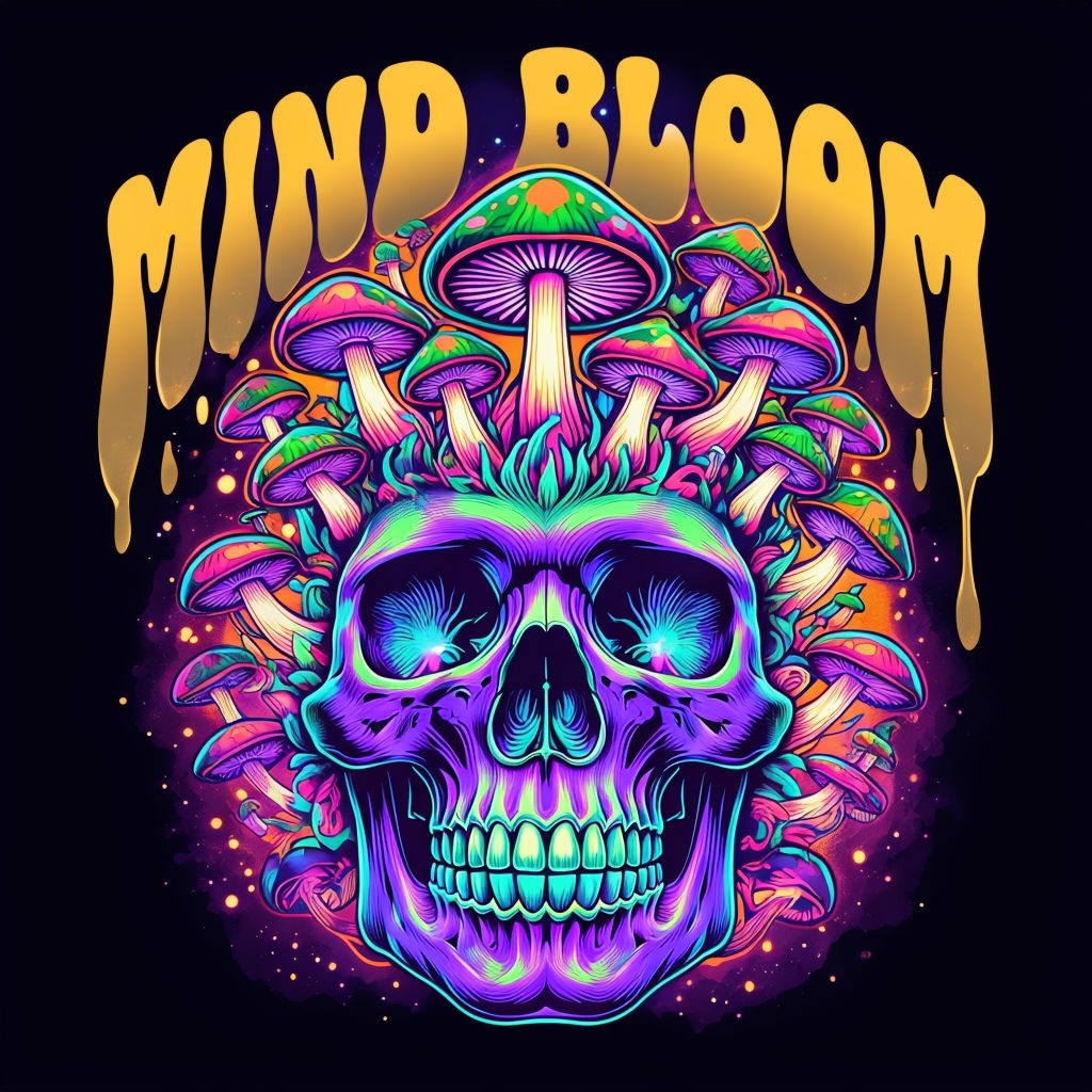 Psychedelic Skull with Vibrant Mushrooms and Mind Bloom T-Shirt
