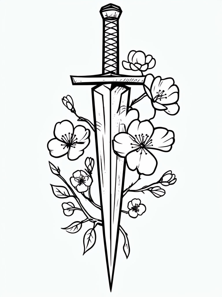 Dramatic Sword Piercing Cherry Blossoms Line Drawing for Coloring Book Pages
