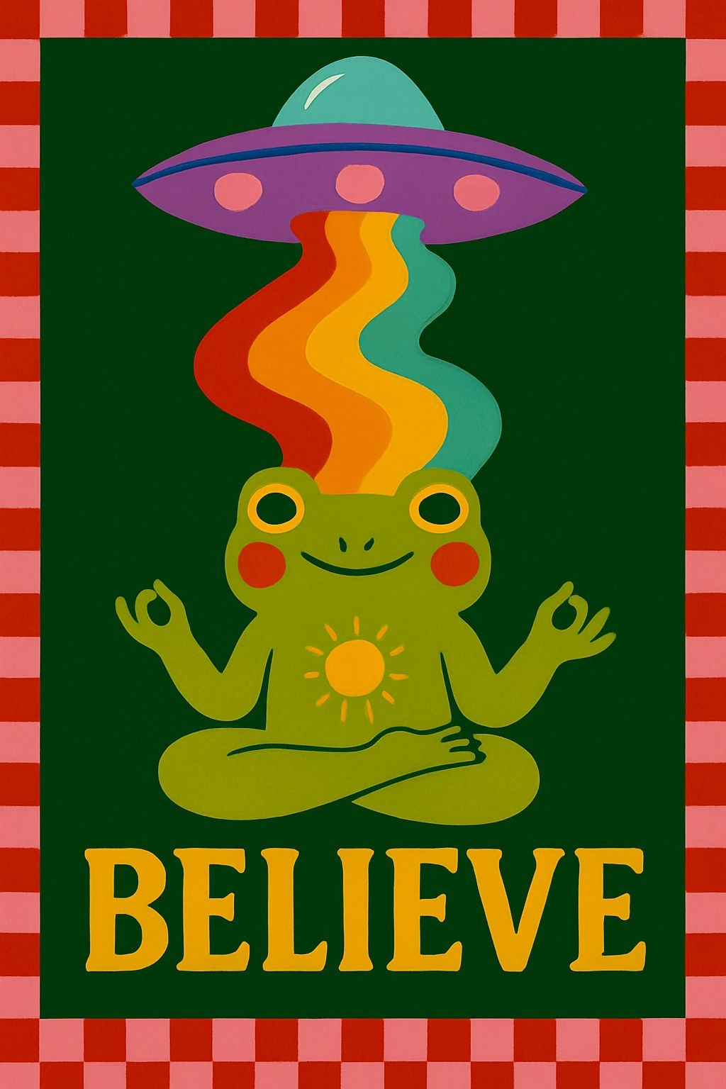 Whimsical Green Frog Meditating with UFO T-Shirt
