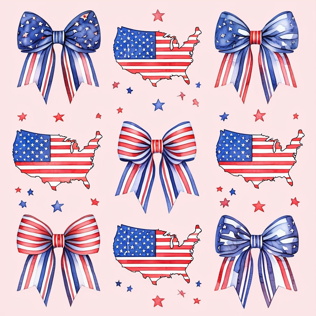 Patriotic Watercolor Bows and Maps Seamless Pattern Design