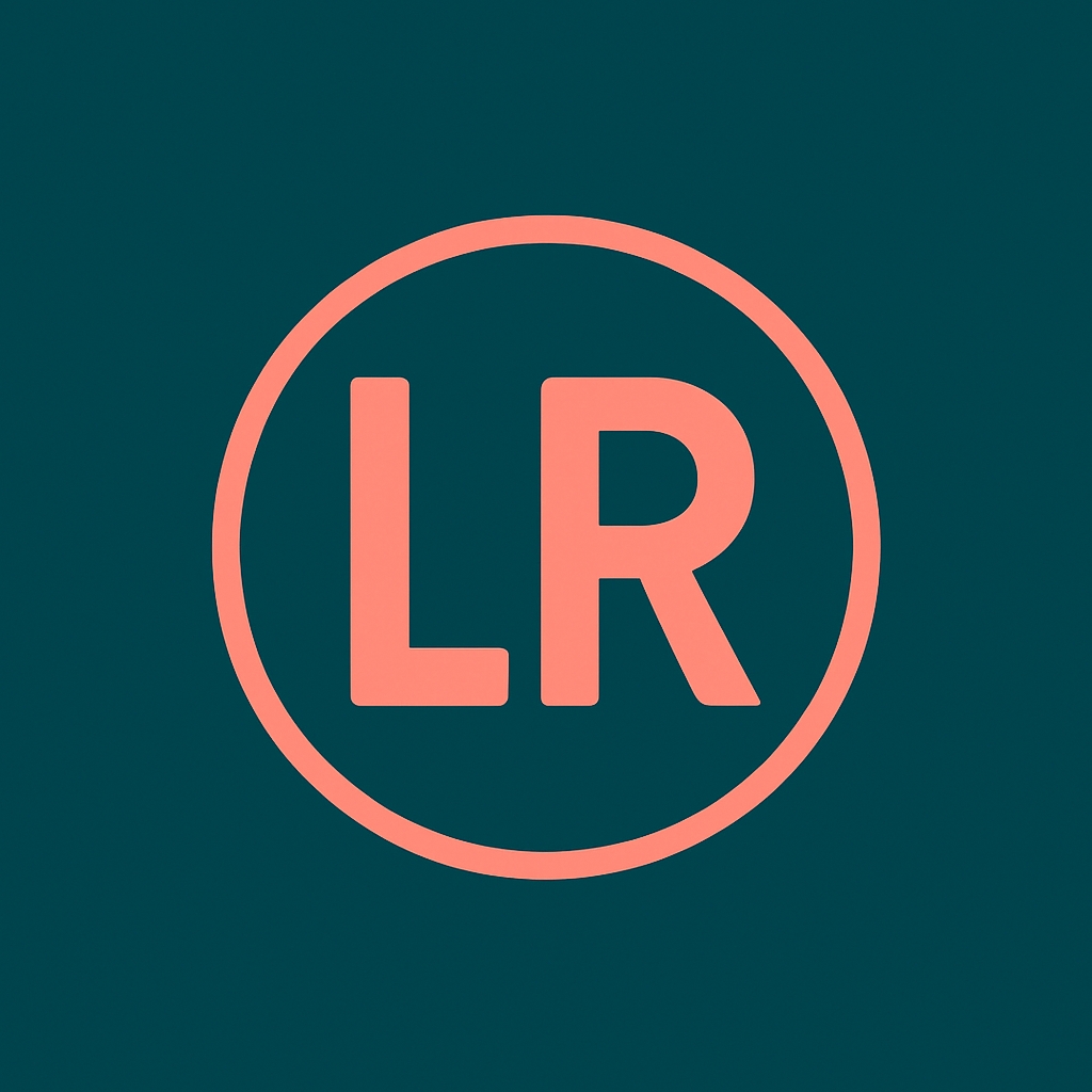 Coral Pink Minimalist LR Logo Design on Teal Background Logo