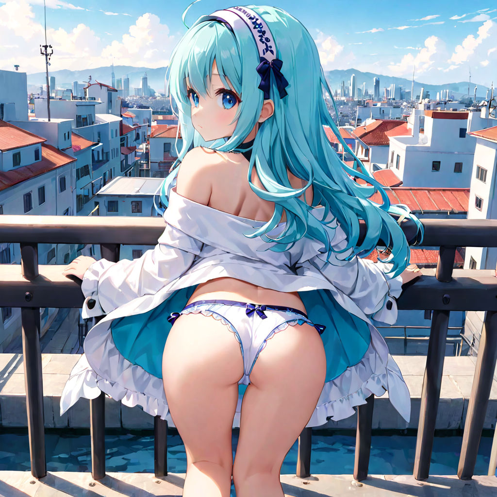 anime girl with white hair in a short skirt with panties showing concept