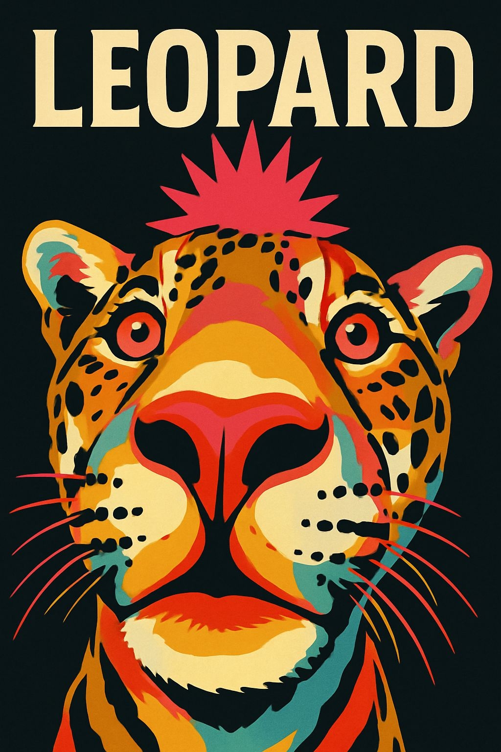 Vibrant Pop-Art Leopard Face Illustration with Bold Colors Poster