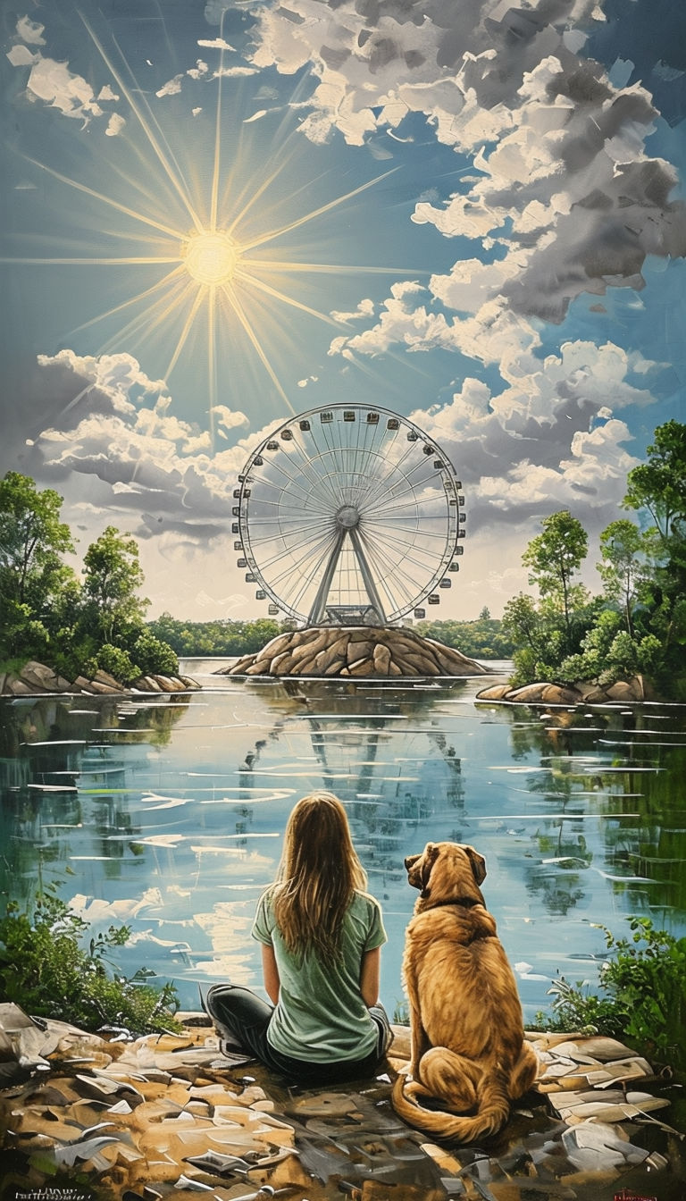 Tranquil Landscape with Woman and Dog Beside Reflective Water Art