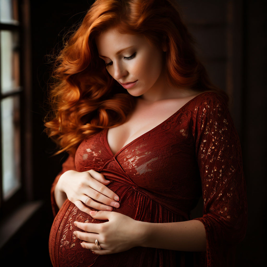 Wet redhead pregnant woman in a green dress