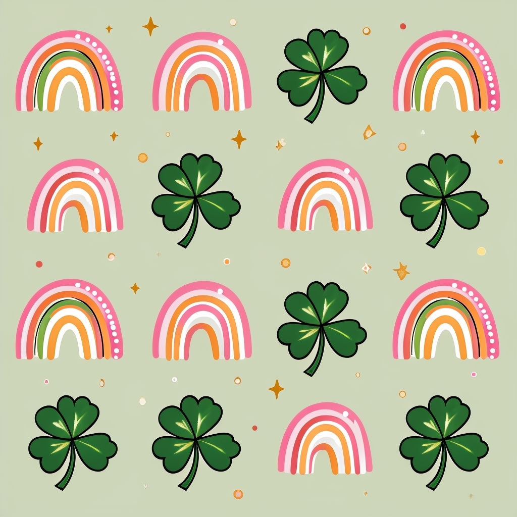 Cheerful Forest Green Clover and Rainbow Grid Pattern Seamless Pattern