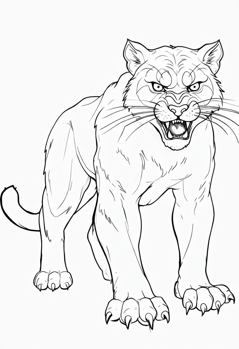 Fierce Muscular Puma Outline Drawing for Coloring Book Pages