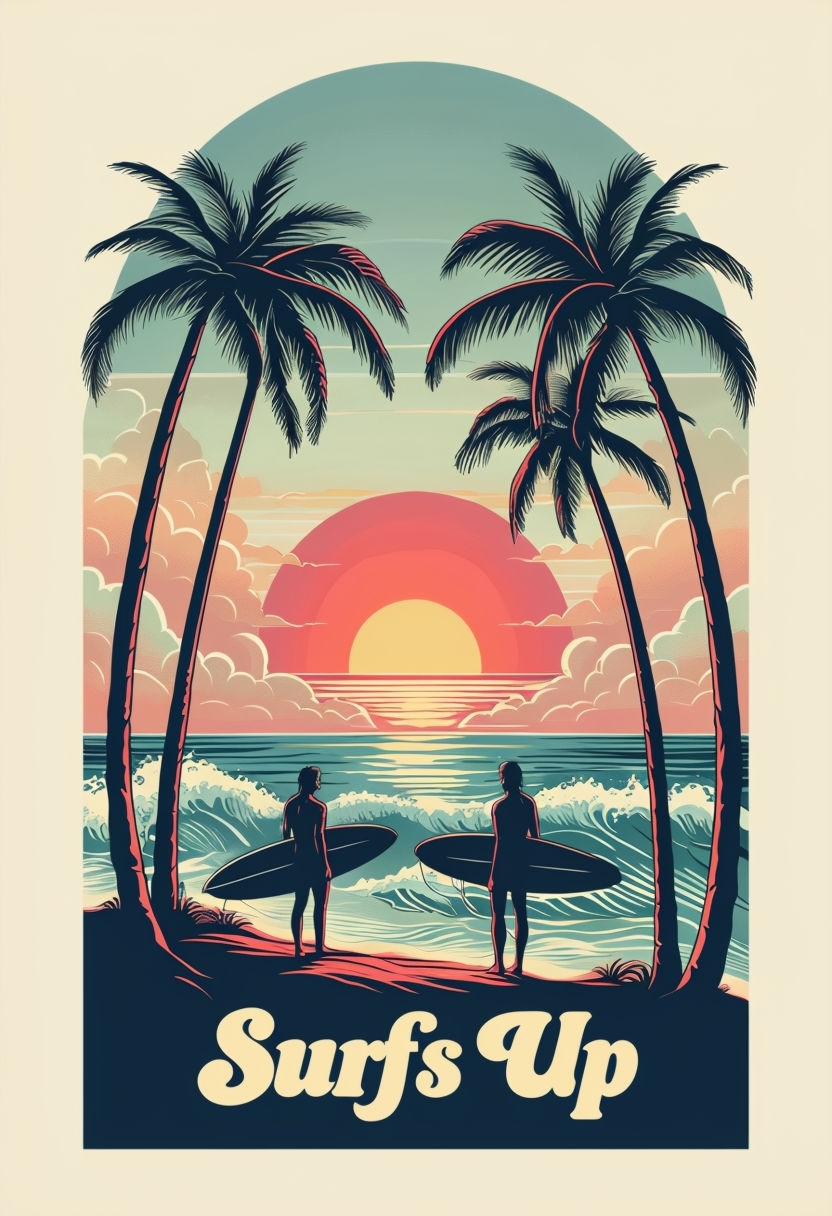 Vintage Tropical Beach Surfing Scene at Sunset Poster