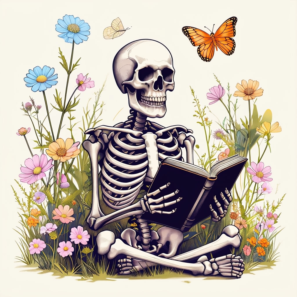 Surreal Skeleton Reading in Wildflower Meadow T-Shirt