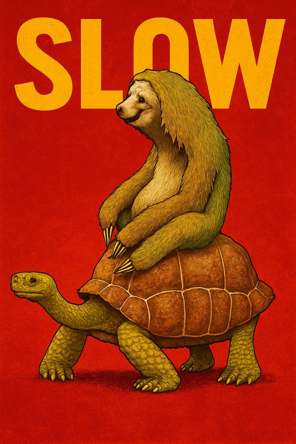 Sloth Riding Tortoise Whimsical Illustration with Bold Text Poster