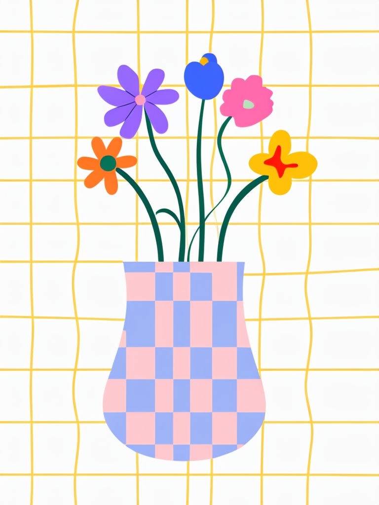 Playful Minimalist Checkered Vase with Colorful Flowers Art