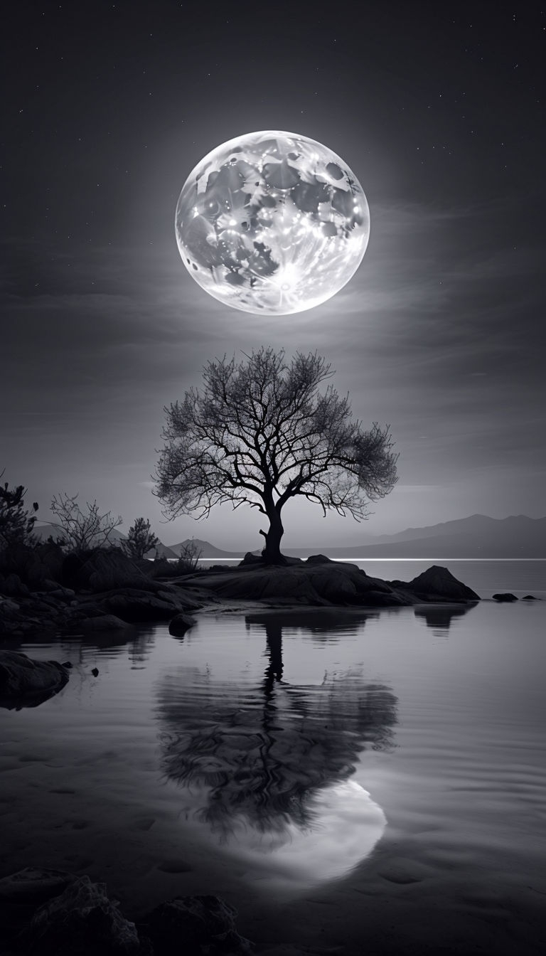 Eerie Monochromatic Nighttime Landscape with Full Moon Mobile Wallpaper