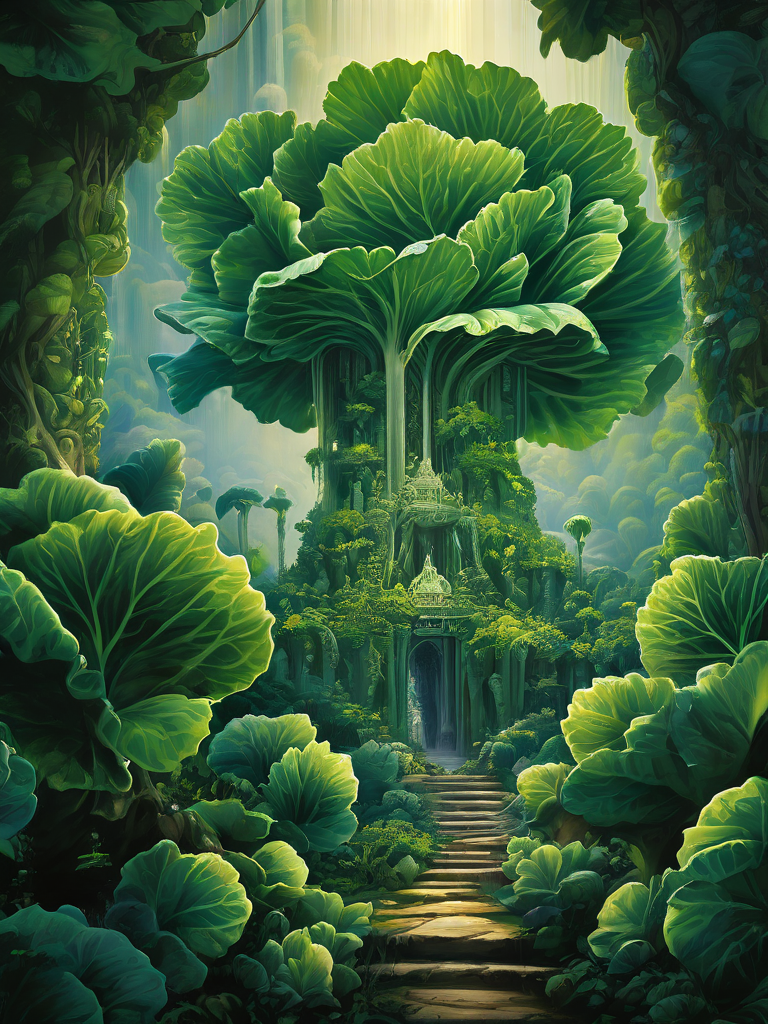 Cabbage Kingdom with towering stalks resembling fortresses by Jacek