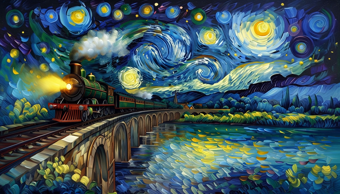 Whimsical Van Gogh Inspired Steam Locomotive Artwork Virtual Backgrounds