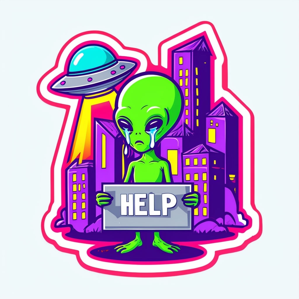 Distressed Green Alien 'HELP' Sign Cartoon Illustration Sticker