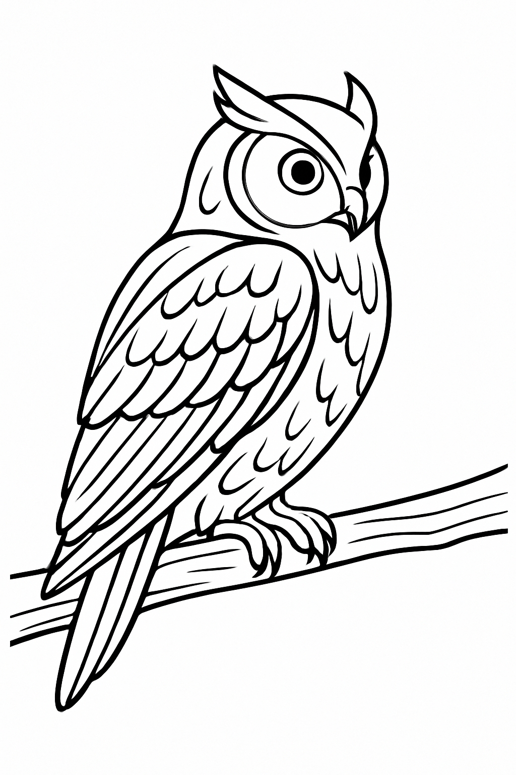 Intricate Black and White Owl Perched on Branch Illustration Coloring Book Pages