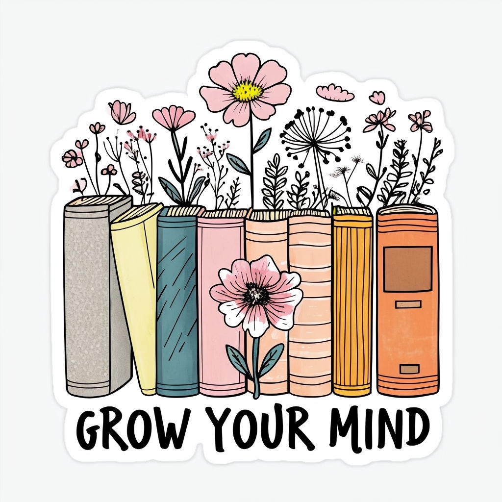 Whimsical Books and Flowers 'Grow Your Mind' Sticker