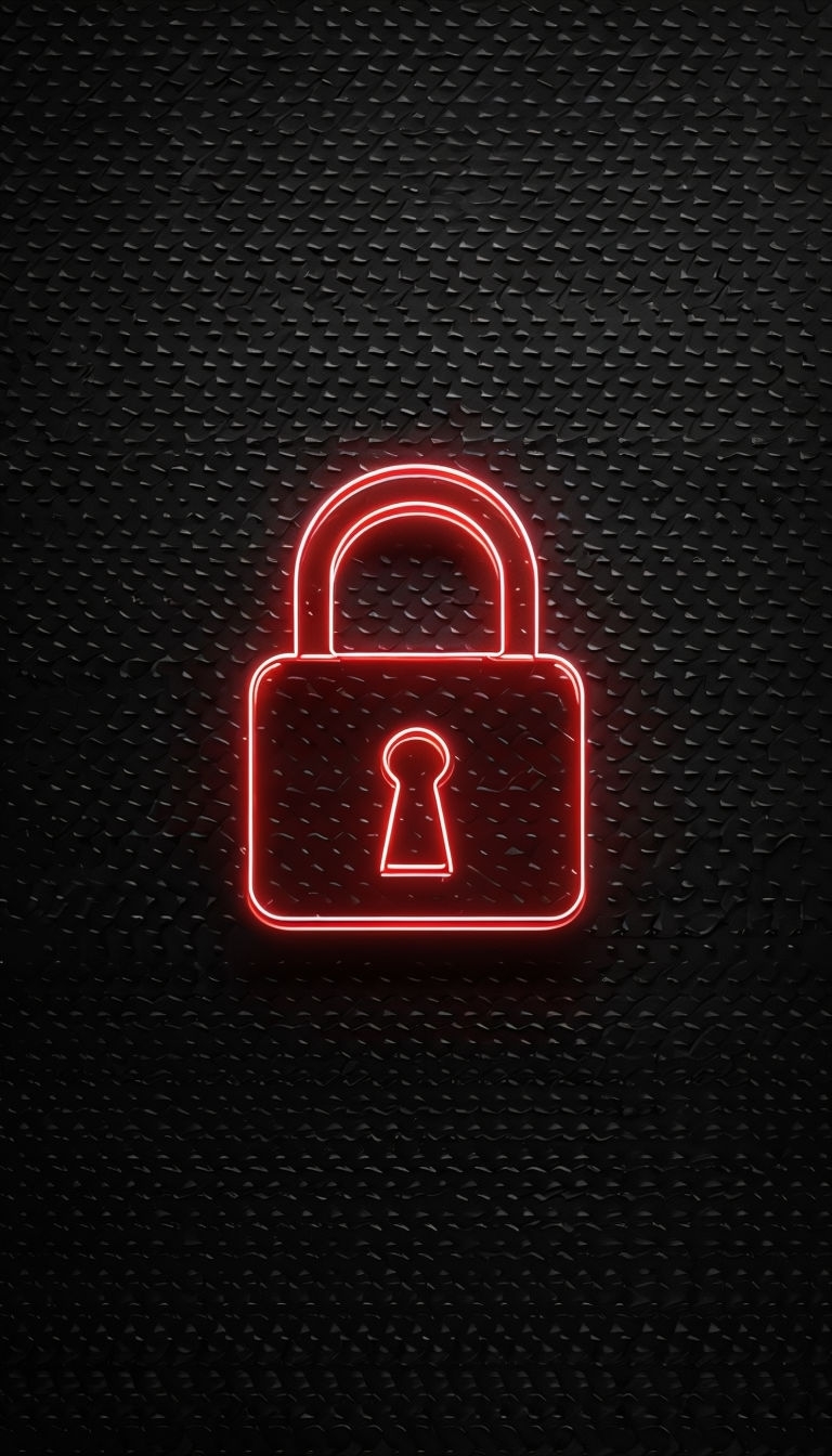 Neon Red Padlock Icon on Textured Black Background Mobile Wallpaper