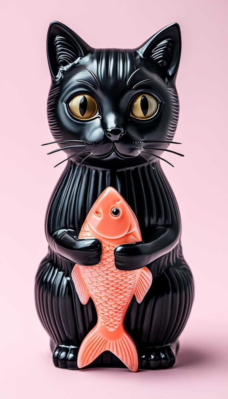 Black Ceramic Cat Statue with Fish Against Pink Background Art