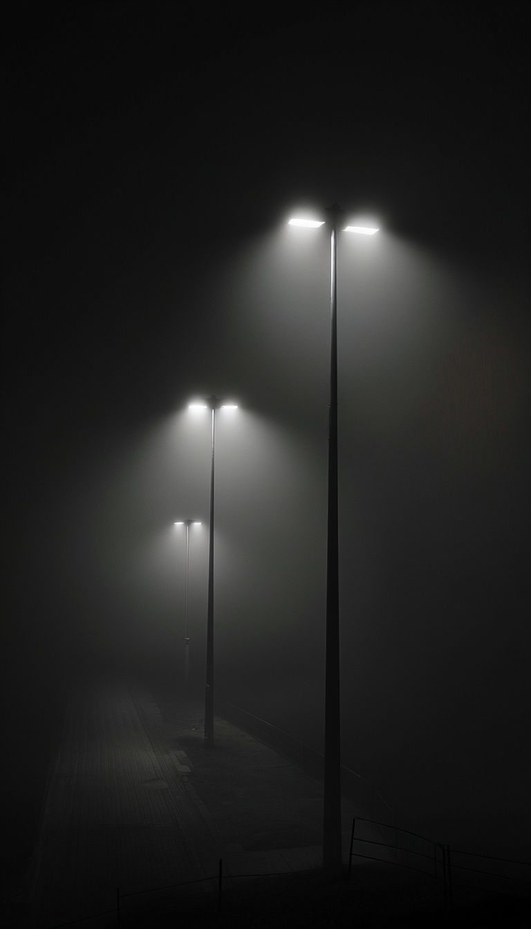 Eerie Foggy Night Streetlamp Pathway Photograph Mobile Wallpaper