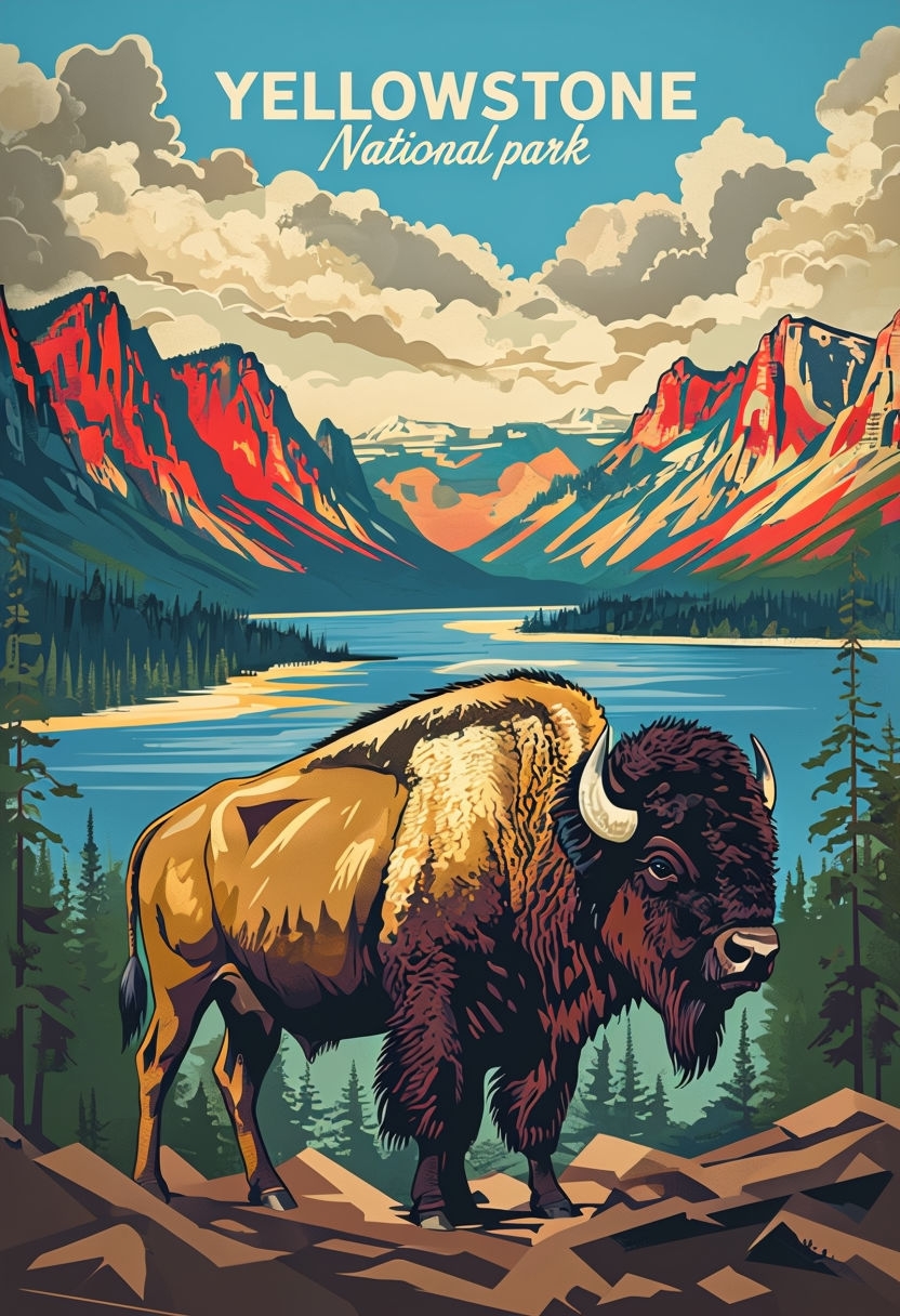 Vibrant Yellowstone National Park Bison Retro Travel Poster