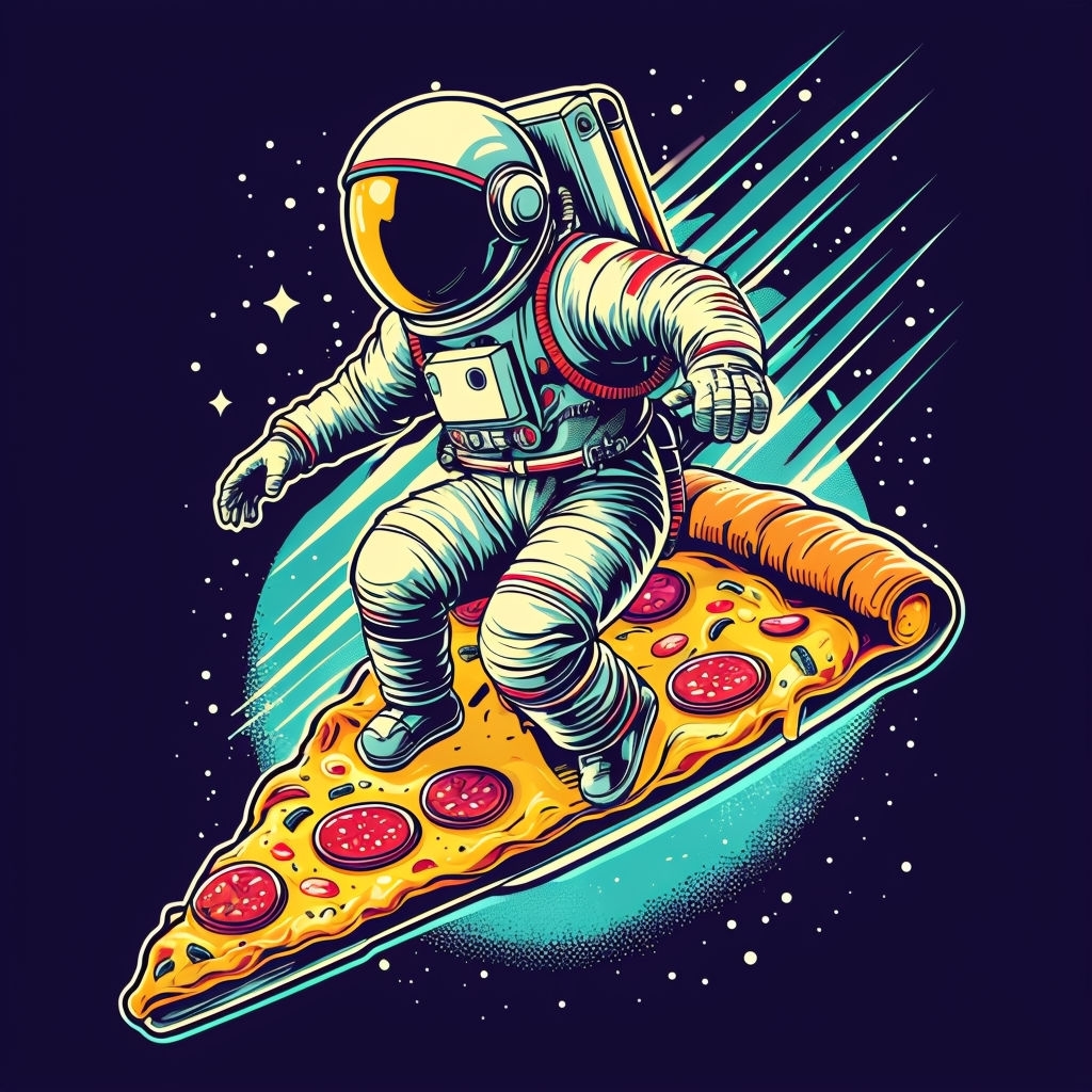 Astronaut Surfing on Pizza Slice Retro T-Shirt Design