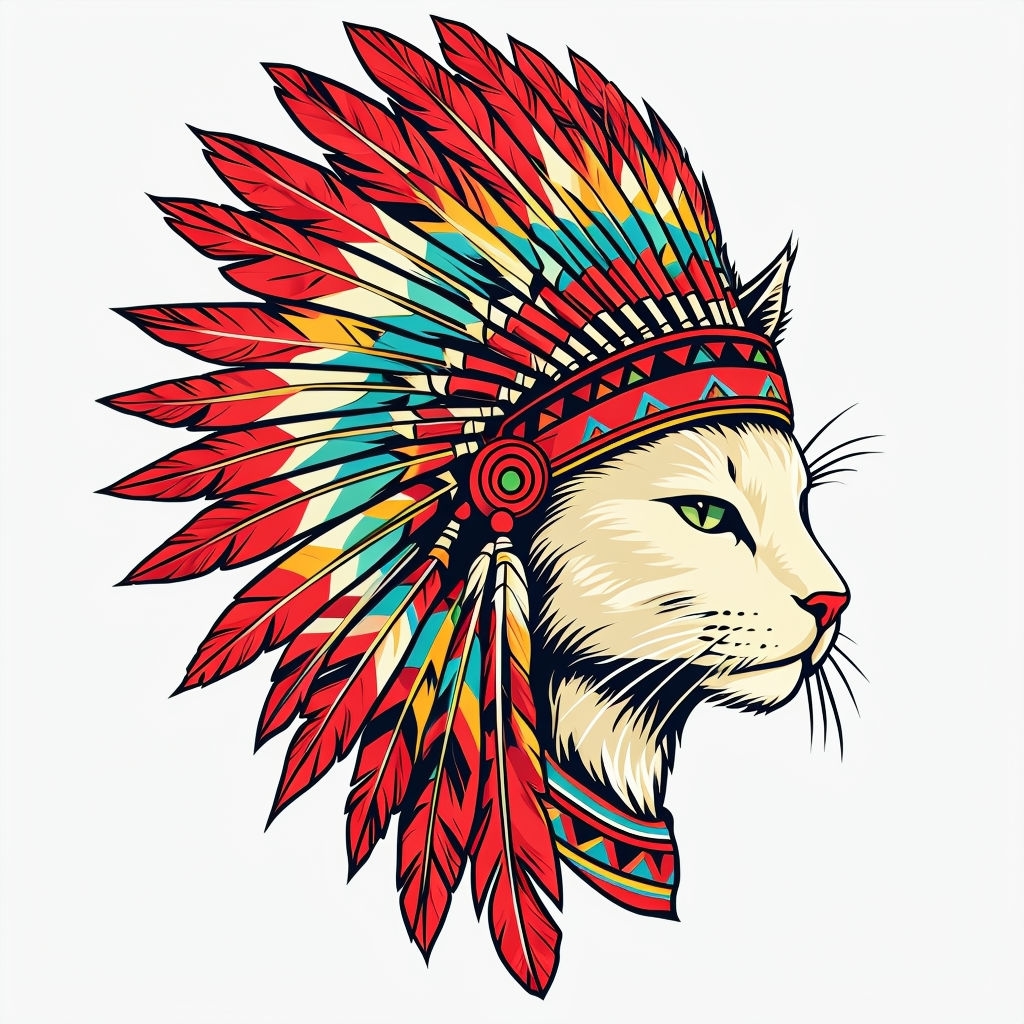 Vibrant White Cat with Native American Feather Headdress Sticker