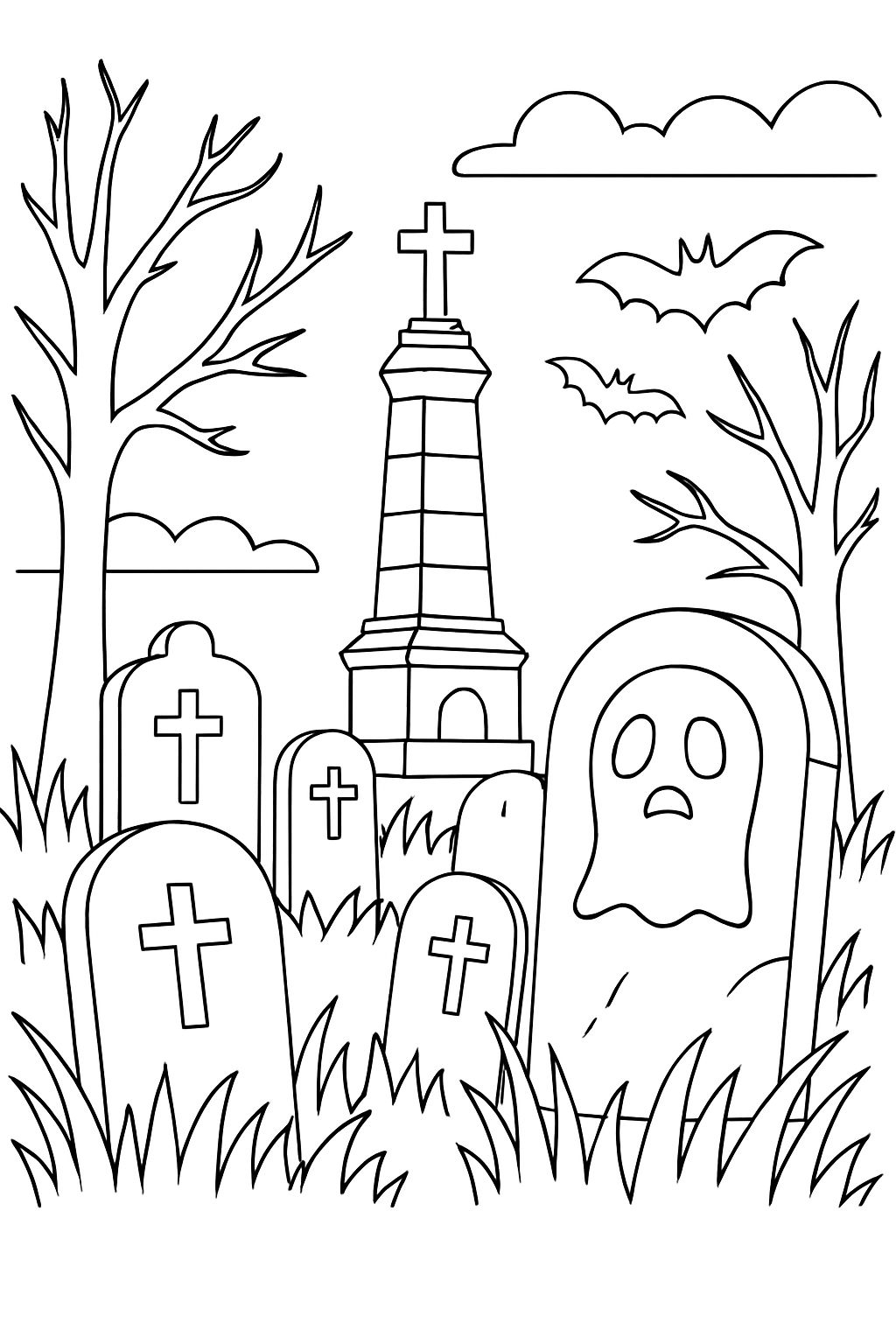 Spooky Graveyard Scene Coloring Page with Bats and Tombstones