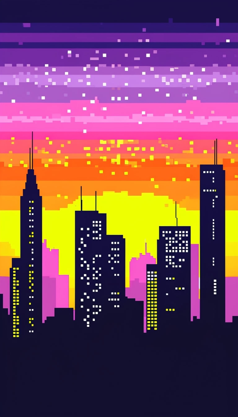 Vibrant Pixel Art Cityscape with Retro Sunset Sky Mobile Wallpaper