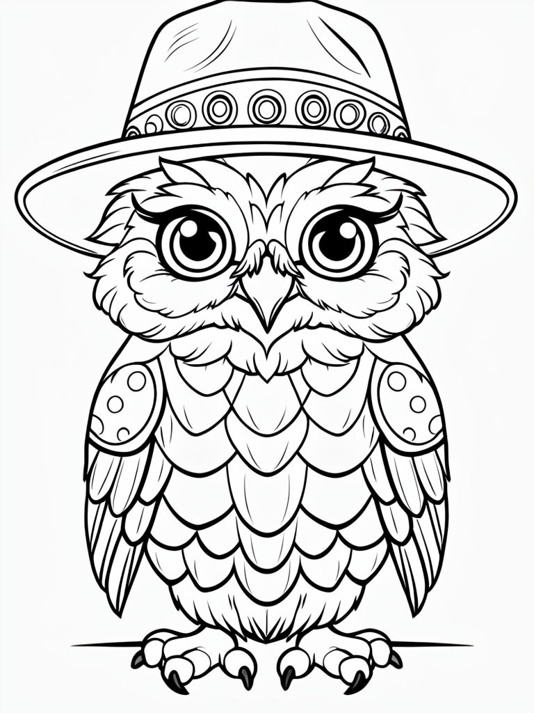 Charming Anthropomorphic Owl Line Drawing for Coloring Book Pages