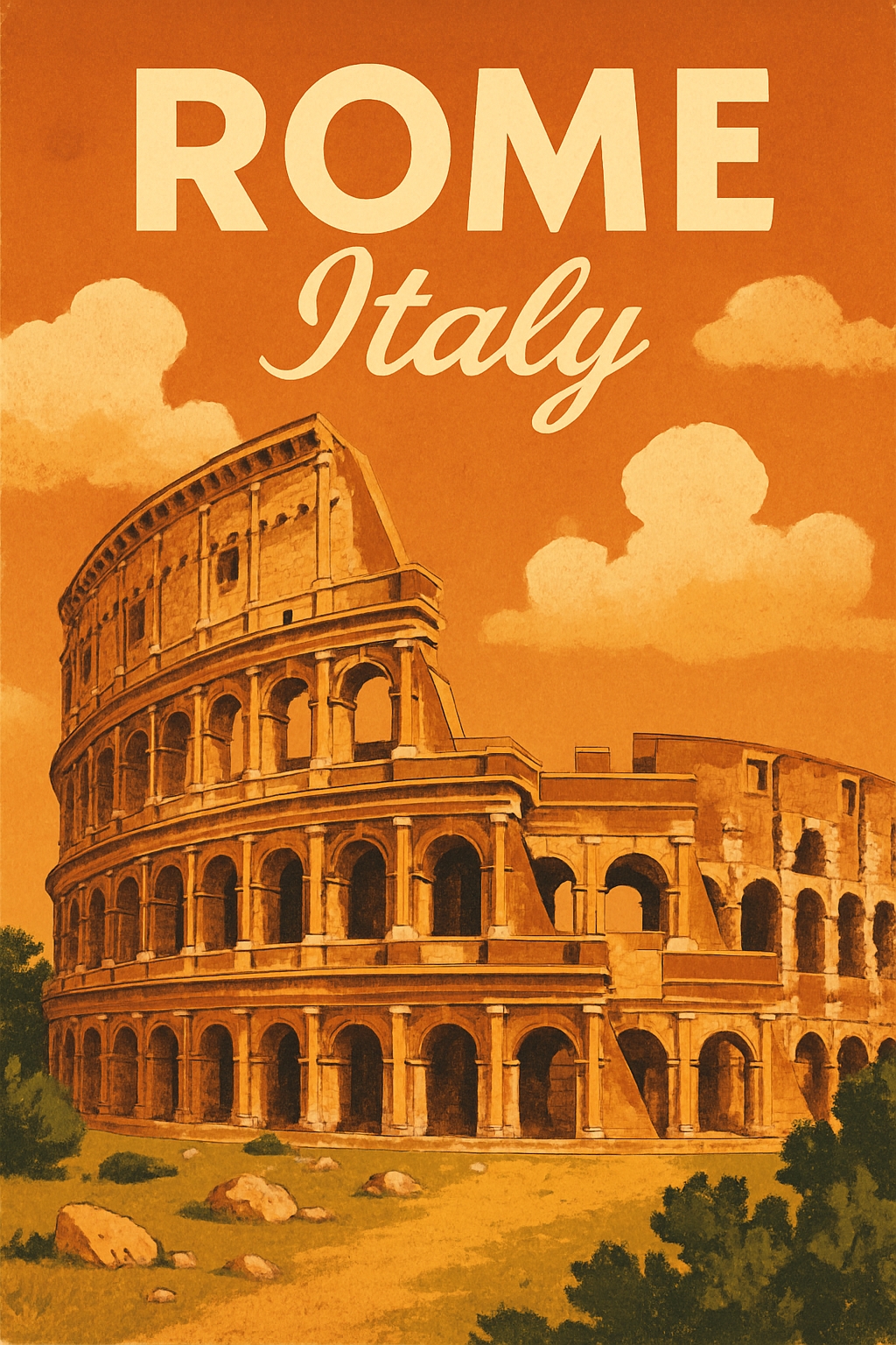 Vintage Rome Travel Poster Featuring the Iconic Colosseum