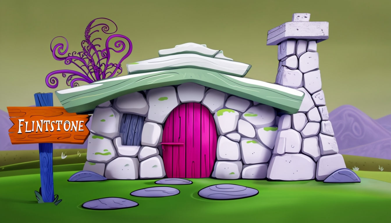 Whimsical Flintstone House Cartoon Illustration Art