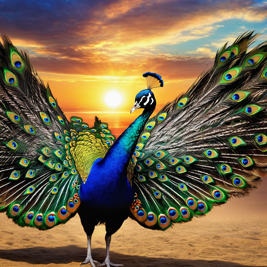 un hermoso pavo real volando hacia el sol en estilo animado by 최정희 ...