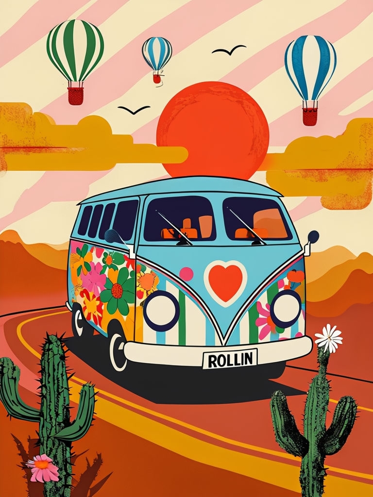 Vibrant Pop Art Volkswagen Bus in Colorful Desert Landscape Art
