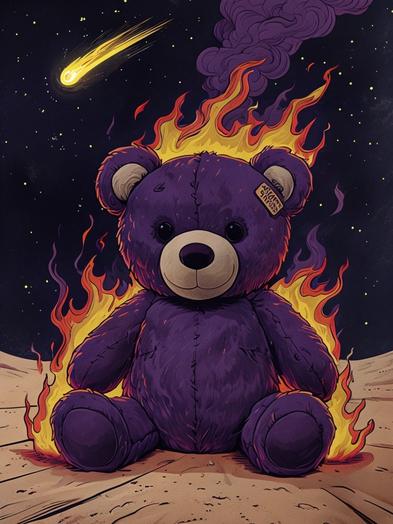 Dramatic Plush Teddy Bear Surrounded by Cosmic Flames Artwork