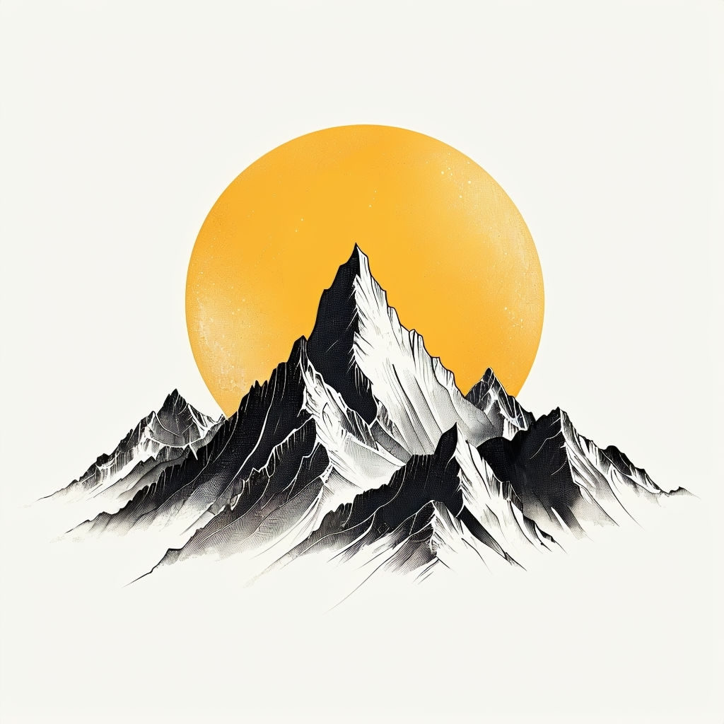 Golden Yellow Sun Behind Rugged Mountains Minimalist Art