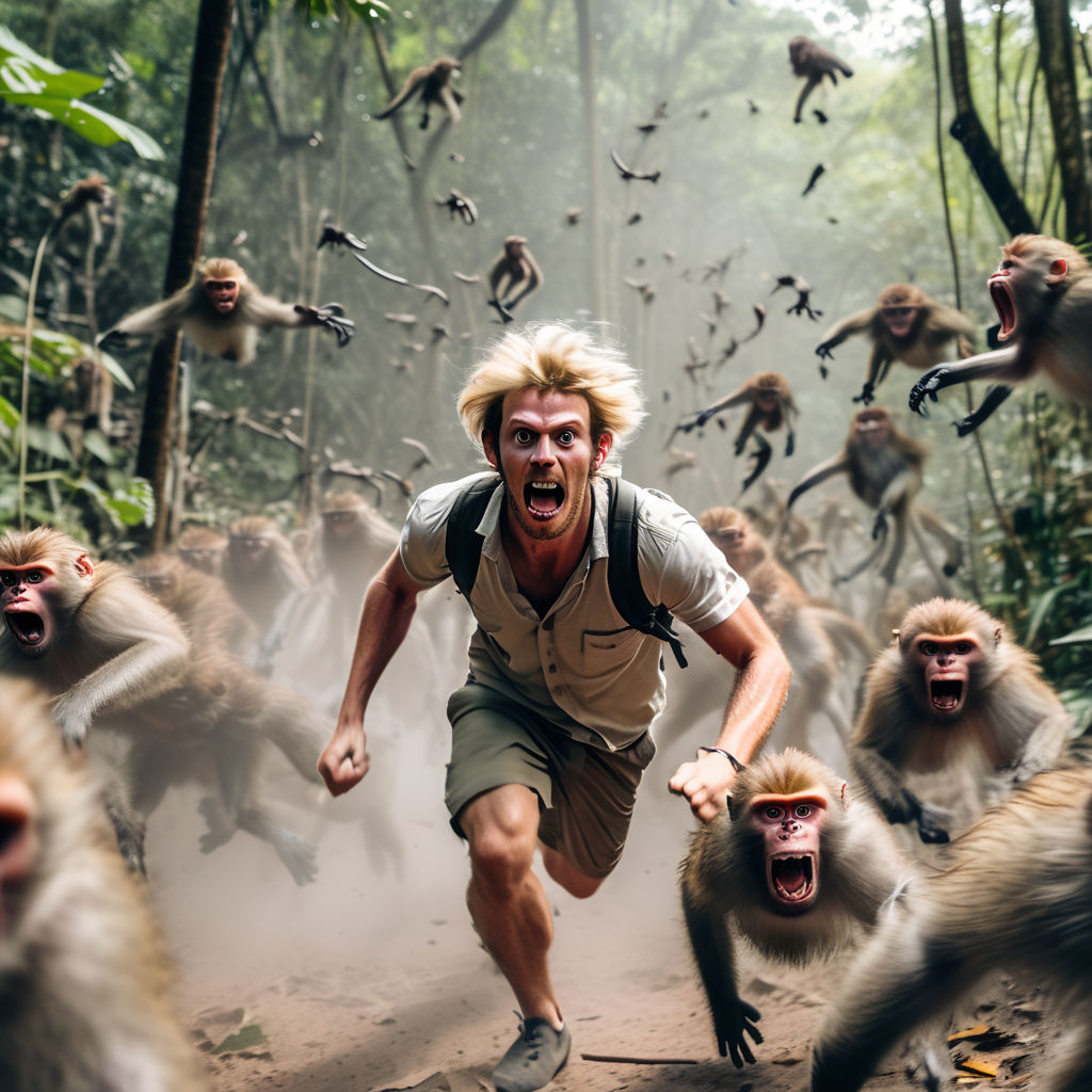 A blonde guy running away from angry monkeys in the jungle a by