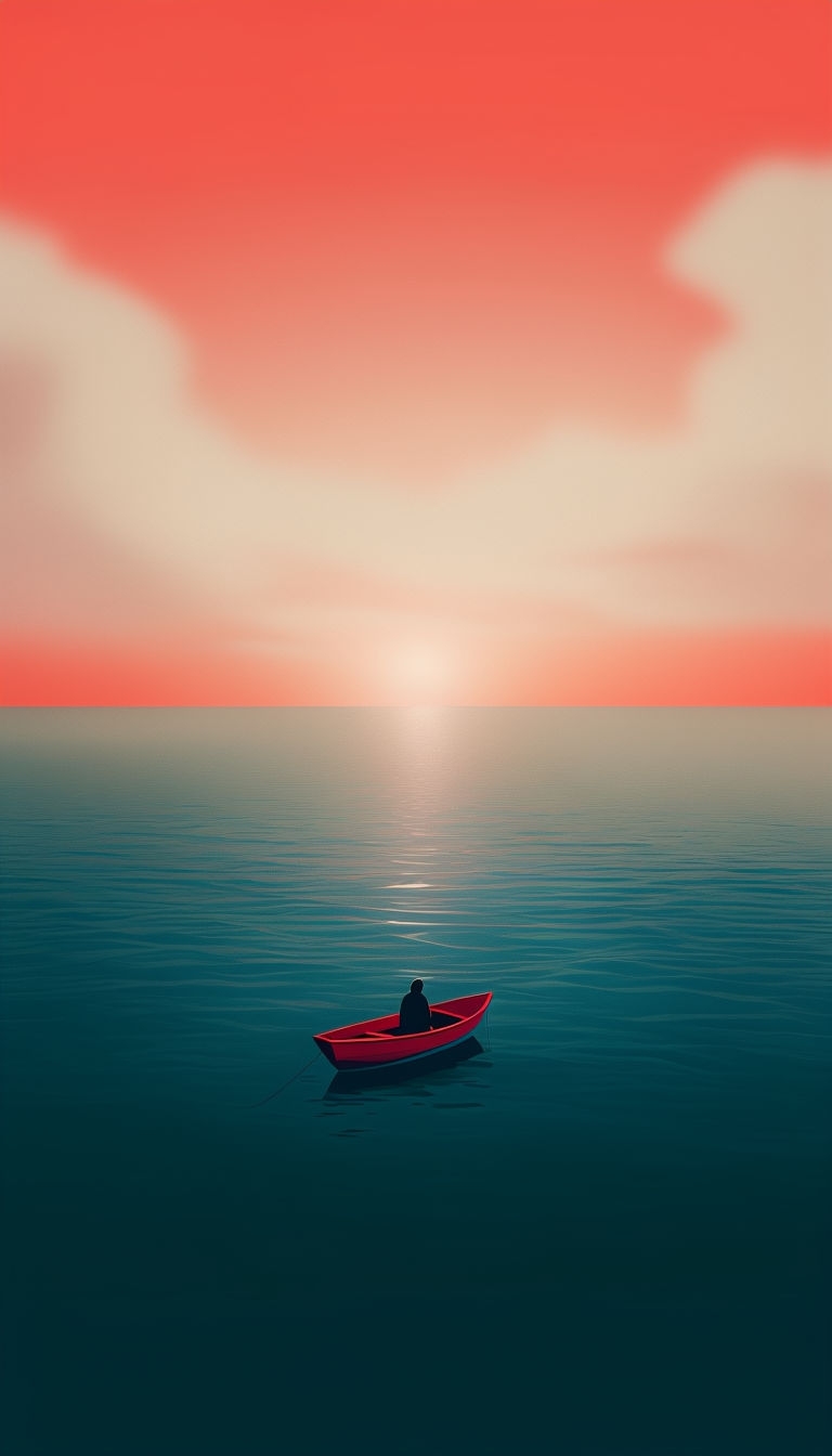 Serene Minimalist Seascape with Red Boat Mobile Wallpaper