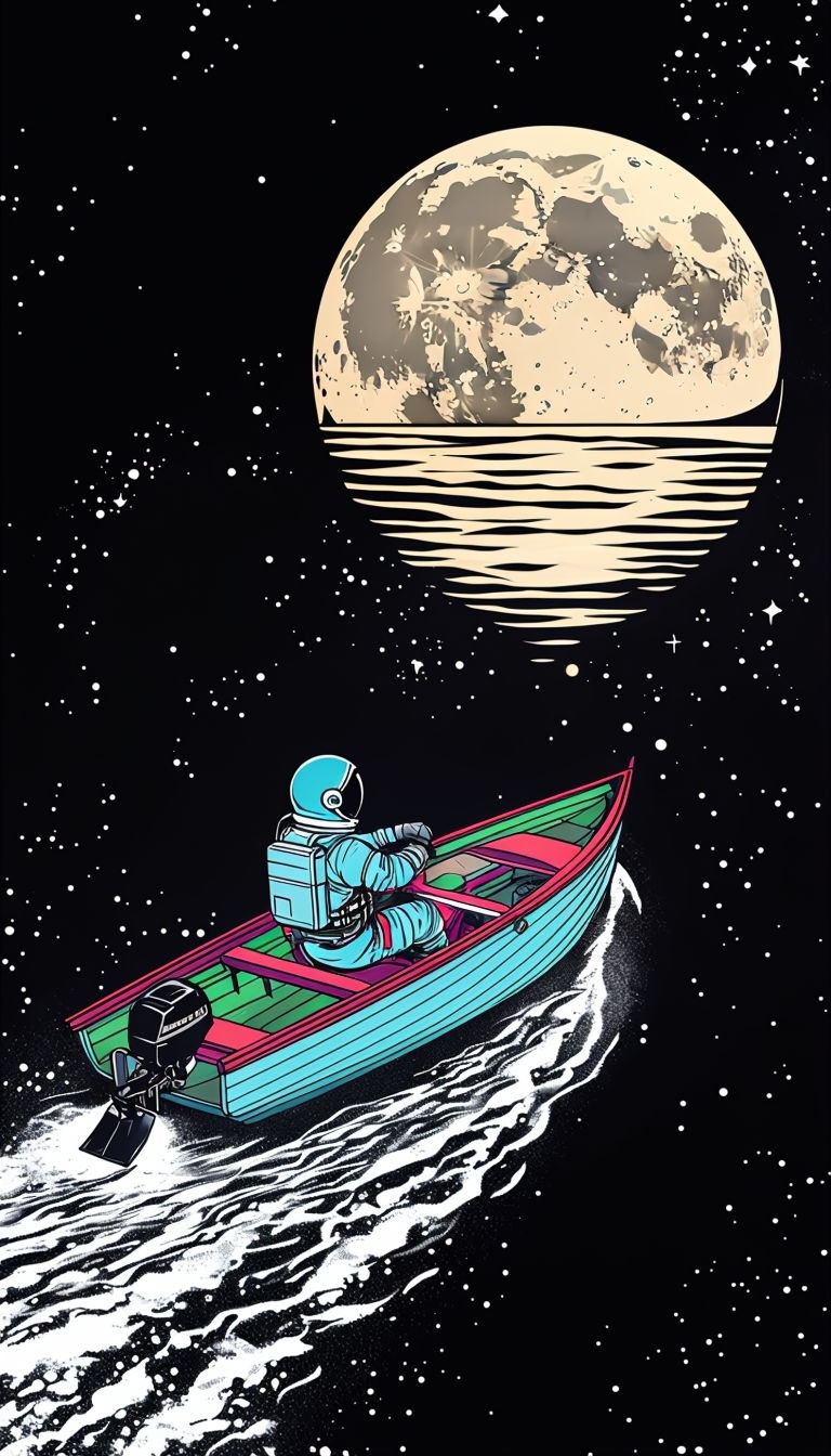 Surreal Astronaut Rowing in Space with Cosmic Moon Mobile Wallpaper