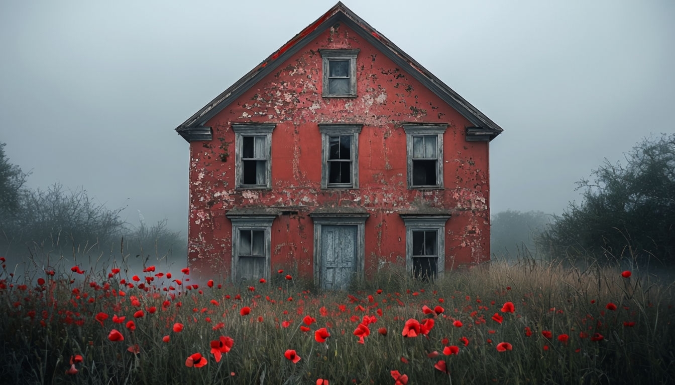 Haunting Abandoned House Surrounded by Vibrant Red Flowers Virtual Background