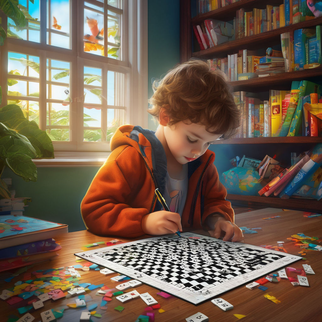 Child solving a crossword puzzle in the children's room by Helen